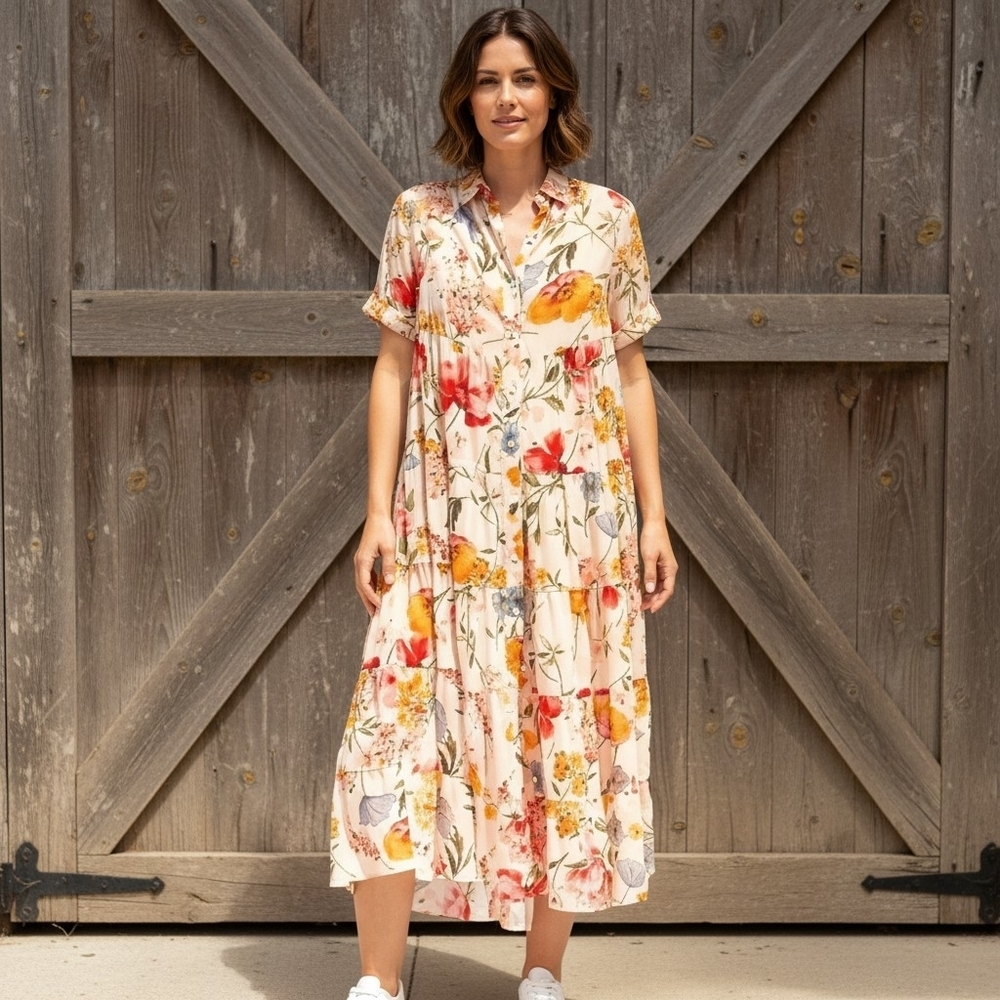 Zara Floral Tiered Dress With Red And Butter Yellow Poppies